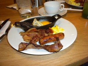 Pepper Bacon, Sausage & Eggs Over Skirt Steak