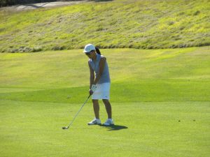 Bella lines up in the fairway